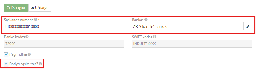 banko sąskaitos pridėjimas kliento kortelėje